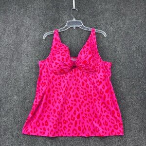Lane Bryant Lined UW Plunge Knot-Front Tankini Top Pink Red Leopard Print 42C